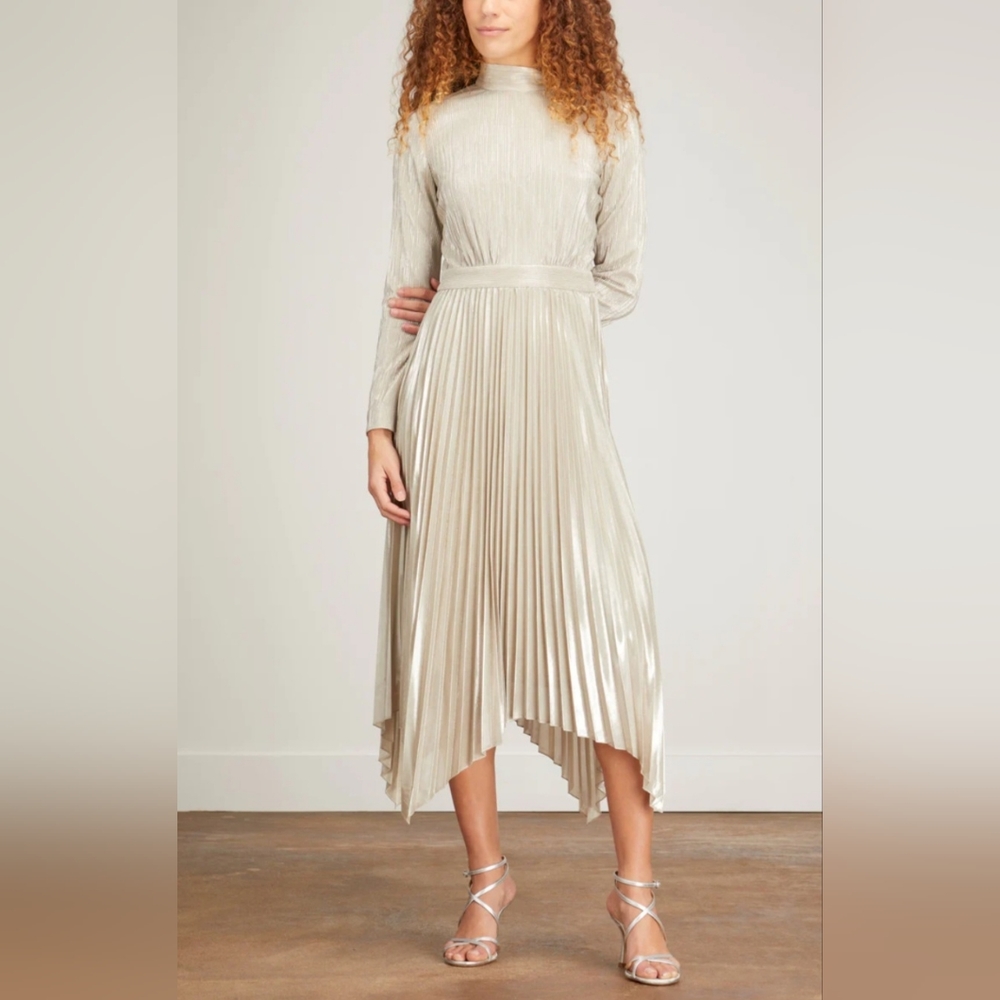 Jonathan Simkhai Lydia Cream Metallic Silver Pleated Assymetrical Midi Dress